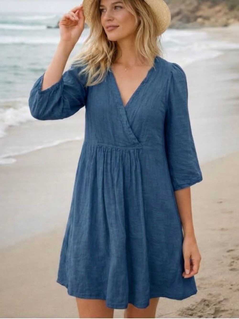 Sundance Blue Linen Wrap-Style Smock Pullover Mini Dress Sz L Relaxed Beach Boho